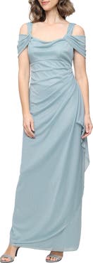Alex Evenings Cold Shoulder Ruffle Glitter Chiffon Gown