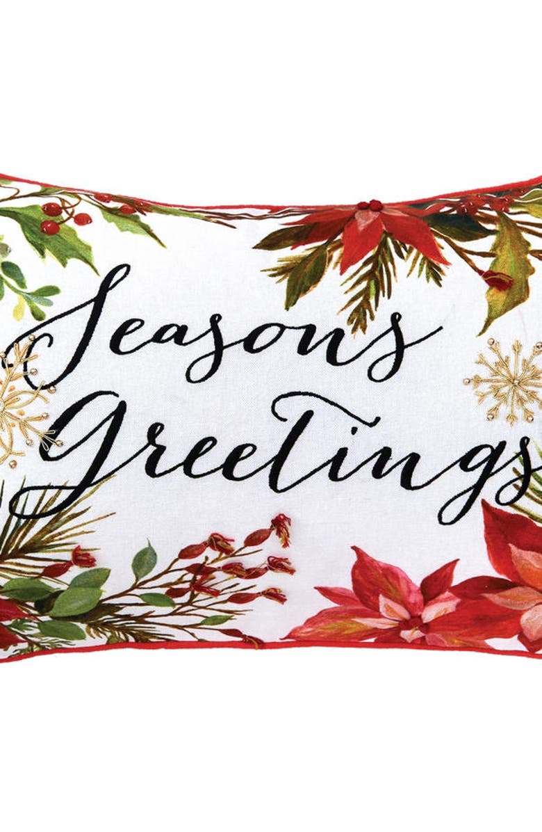 C&F Home Seasons Greetings Poinsettia Printed and Embroidered Christmas Throw Pillow, 14" x 22", Alternate, color, White