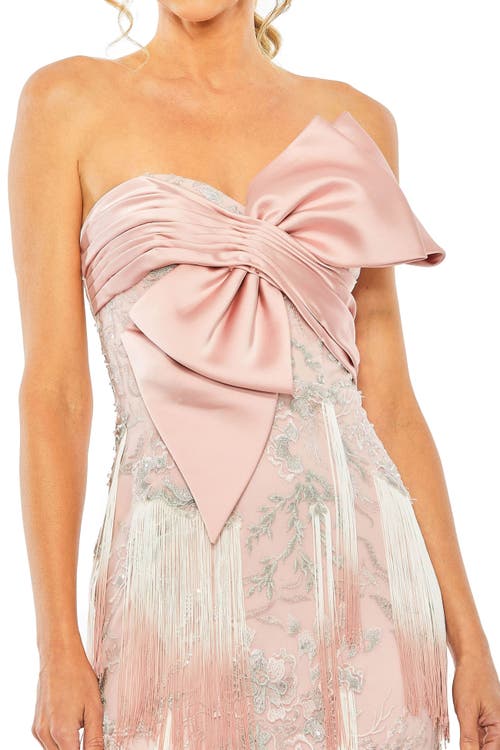 Mac Duggal Bow Front Strapless Fringe Midi Dress In Rose