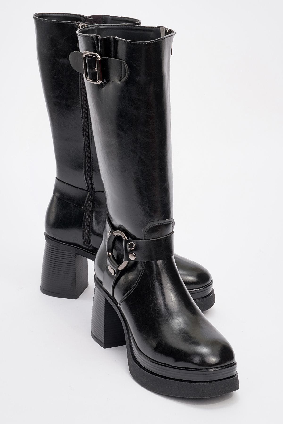 Prologue Shoes Rock Buckle Zip Block Heel Boot, Main, color, Black Faux Leather