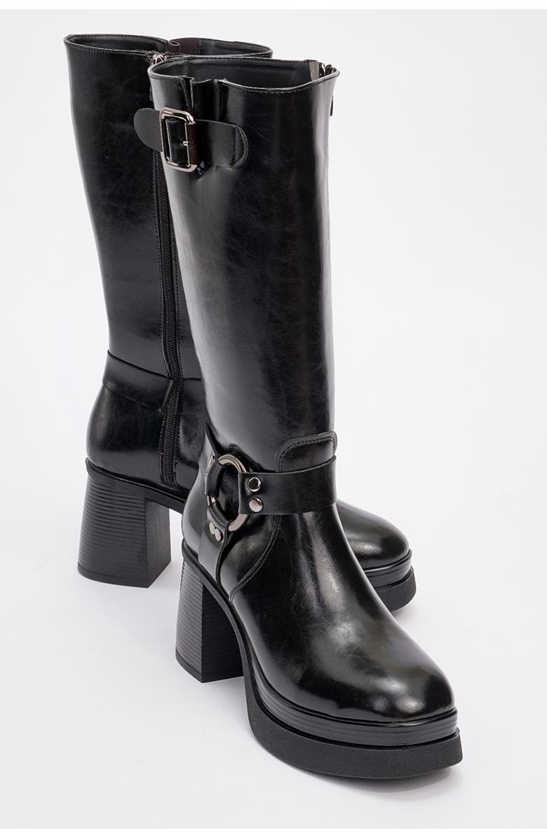 Prologue Shoes Rock Buckle Zip Block Heel Boot, Main, color, Black Faux Leather