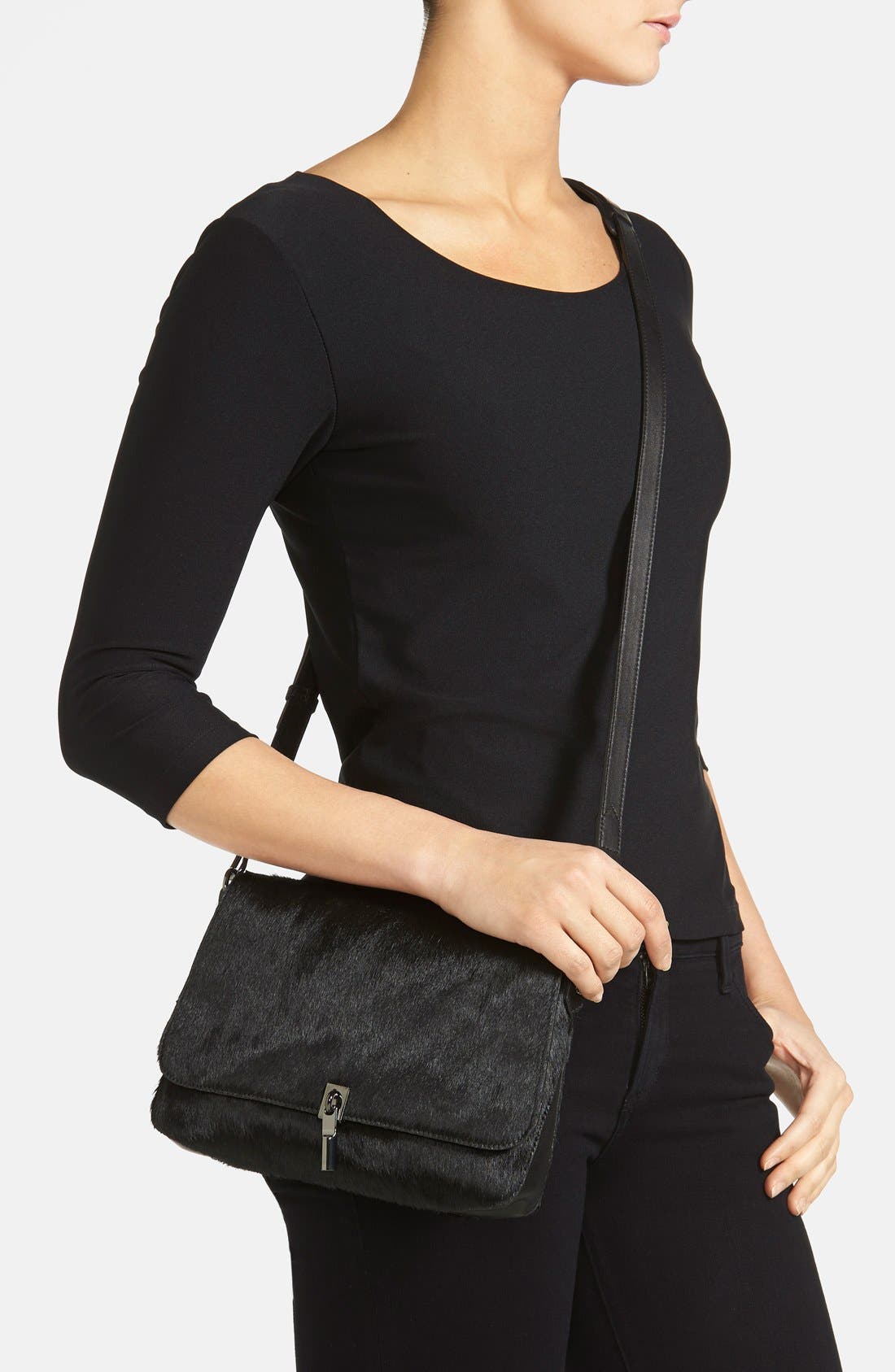 'Mini Cynnie' Calf Hair Crossbody Bag, Alternate, color, BLACK