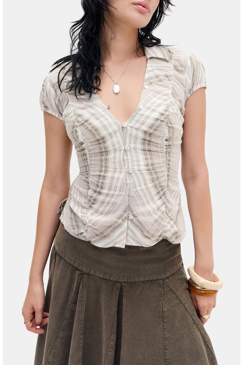 Nadine Stripe Ruched Seam Button-Up Top, Main, color, BROWN STRIPE
