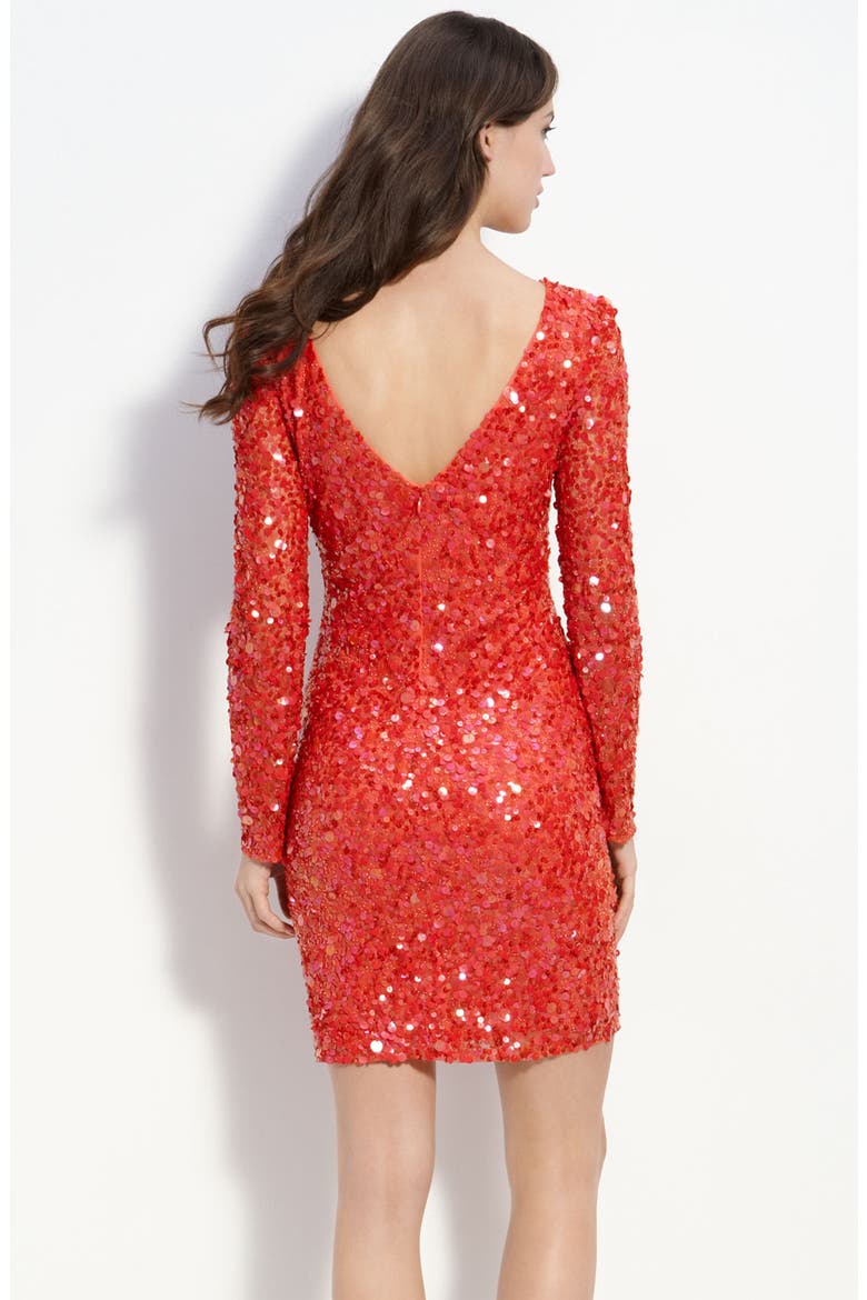 Sequined Mesh Sheath Dress, Alternate, color, CORAL
