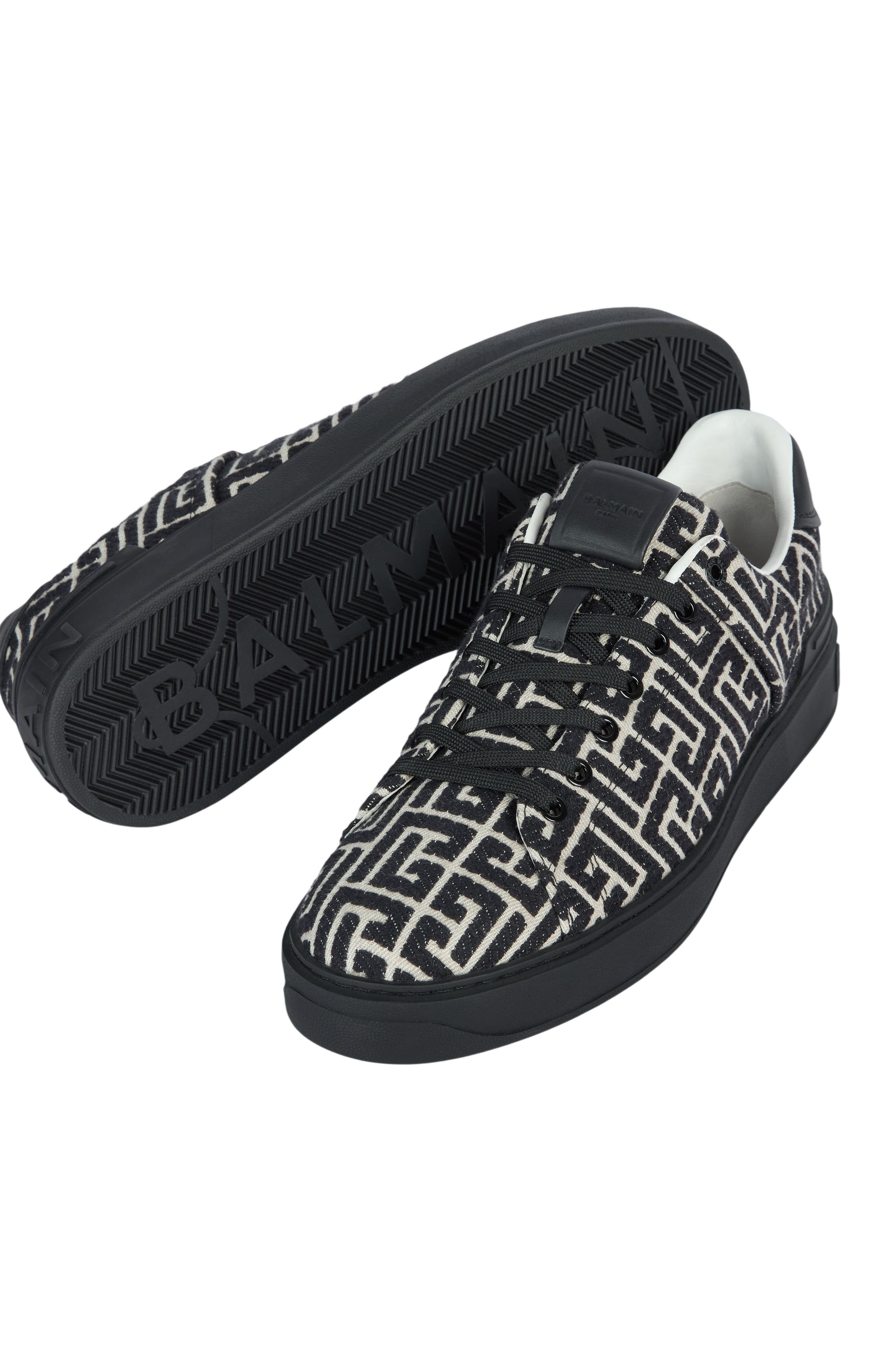 B-Court trainers in leather and Monogram jacquard, Alternate, color, black
