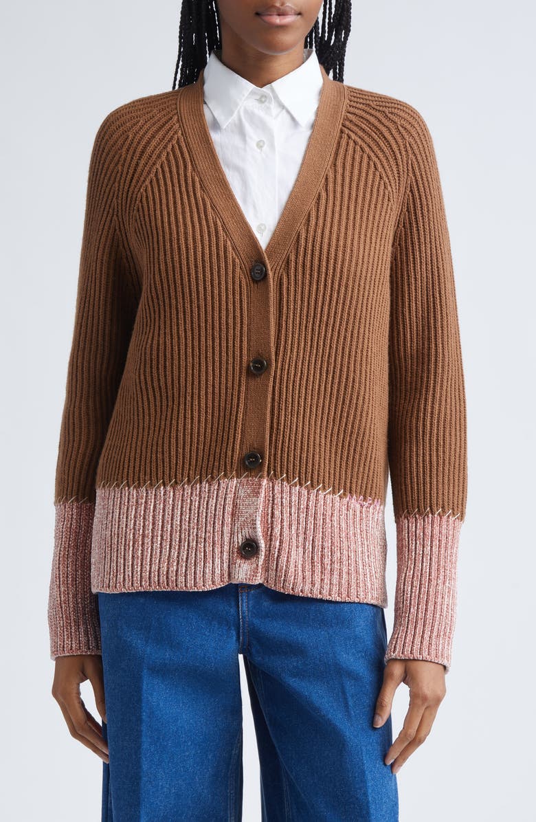 Marni Long Sleeve Merino Wool V-Neck Cardigan, Main, color, Brown/ Maroon