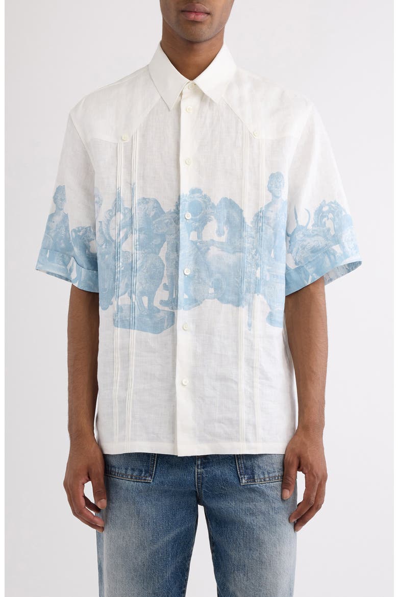Hubert Objects Print Linen Button-Up Shirt, Main, color, BLUE/ WHITE