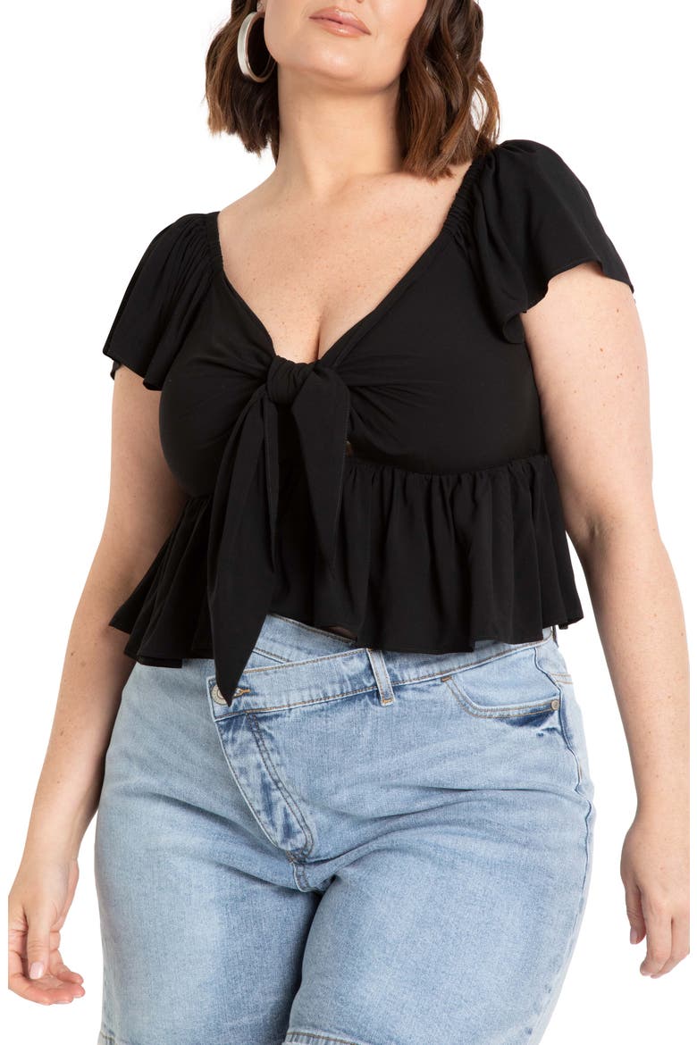 Tie Front Peplum Top, Main, color, TOTALLY BLACK