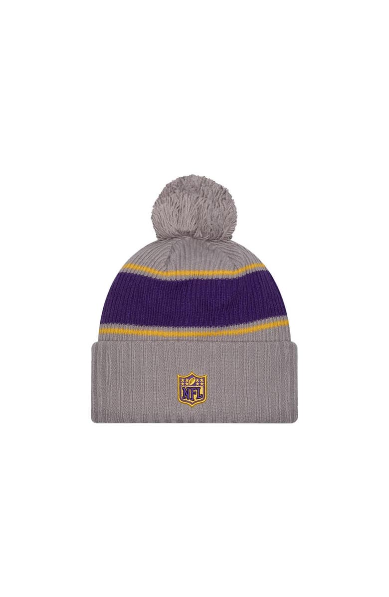 New Era Men's New Era Gray Minnesota Vikings 2024 Sideline Sport Cuffed Knit Hat with Pom, Alternate, color,