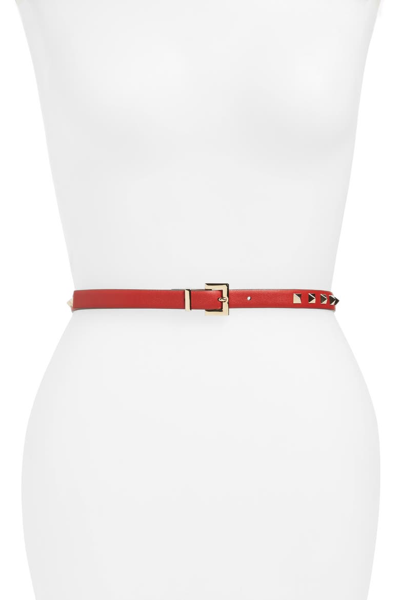 Rockstud Leather Belt, Main, color, RED