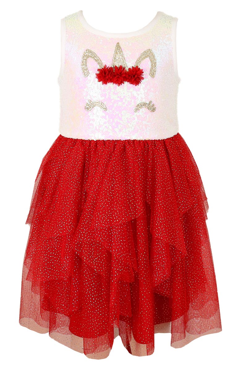 Zunie Kids' Unicorn Party Dress & Faux Fur Cardigan Set, Alternate, color, Ivory/ Red