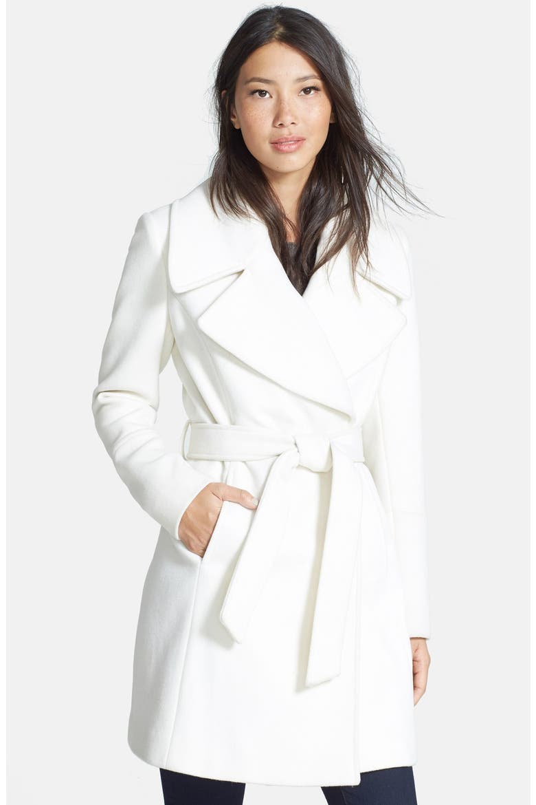 Belted Notch Collar Wool Blend Coat, Main, color, WHITE