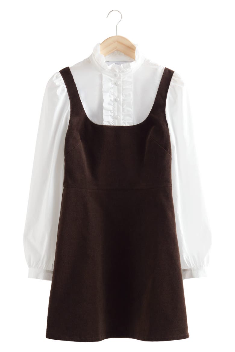 Ruffle Long Sleeve Corduroy Minidress, Main, color, BROWN
