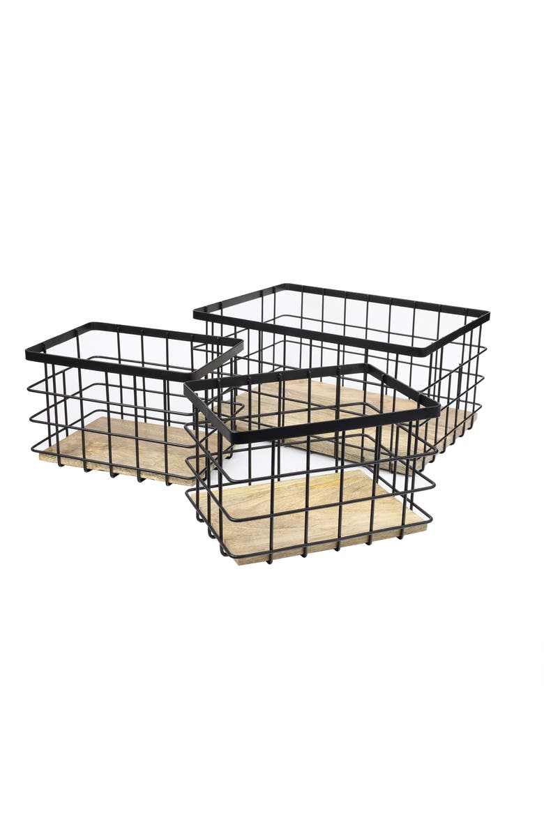 HAPPIMESS Evvie Vintage Farmhouse Handmade Wire Metal Nesting Storage Baskets with Wood Base, Main, color, Black/Natural