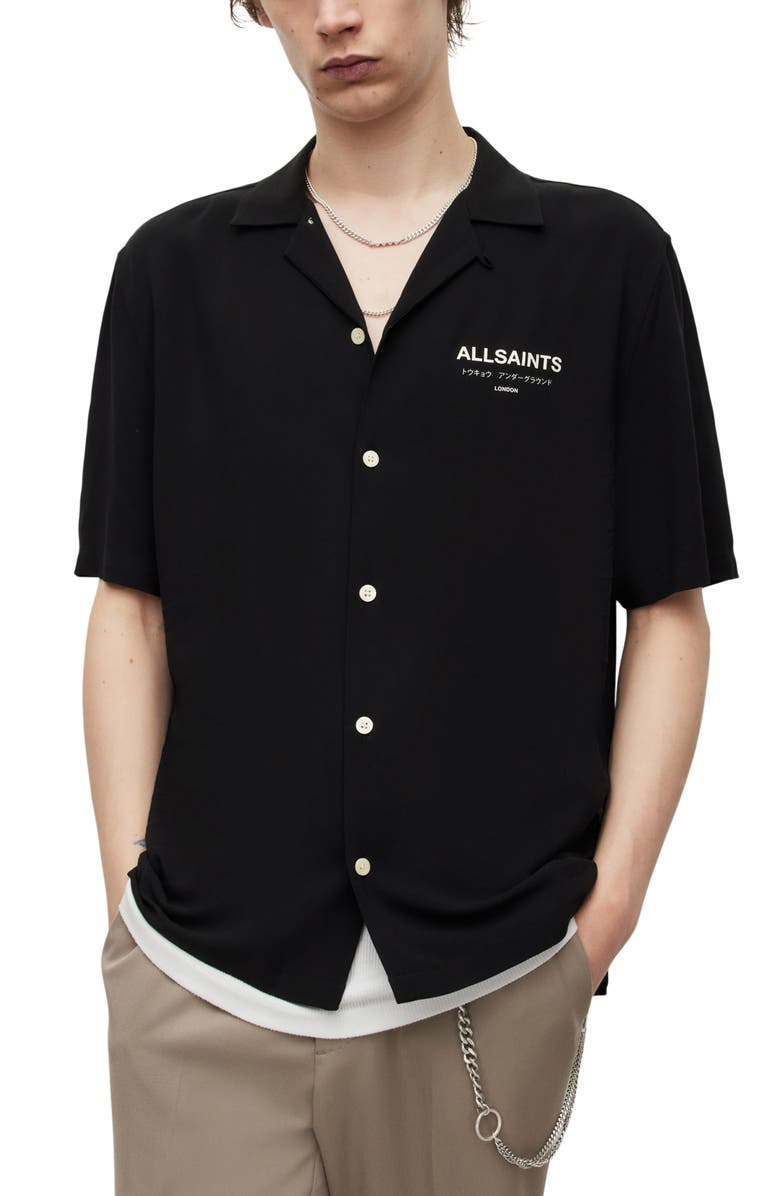 AllSaints Underground Logo Short Sleeve Camp Shirt, Alternate, color, 