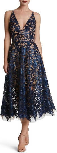 Dress The Population Blair Lace Midi Dress - NAVY/NUDE - Size M Dress The Population Blair Lace Midi Dress - NAVY/NUDE - Size M
