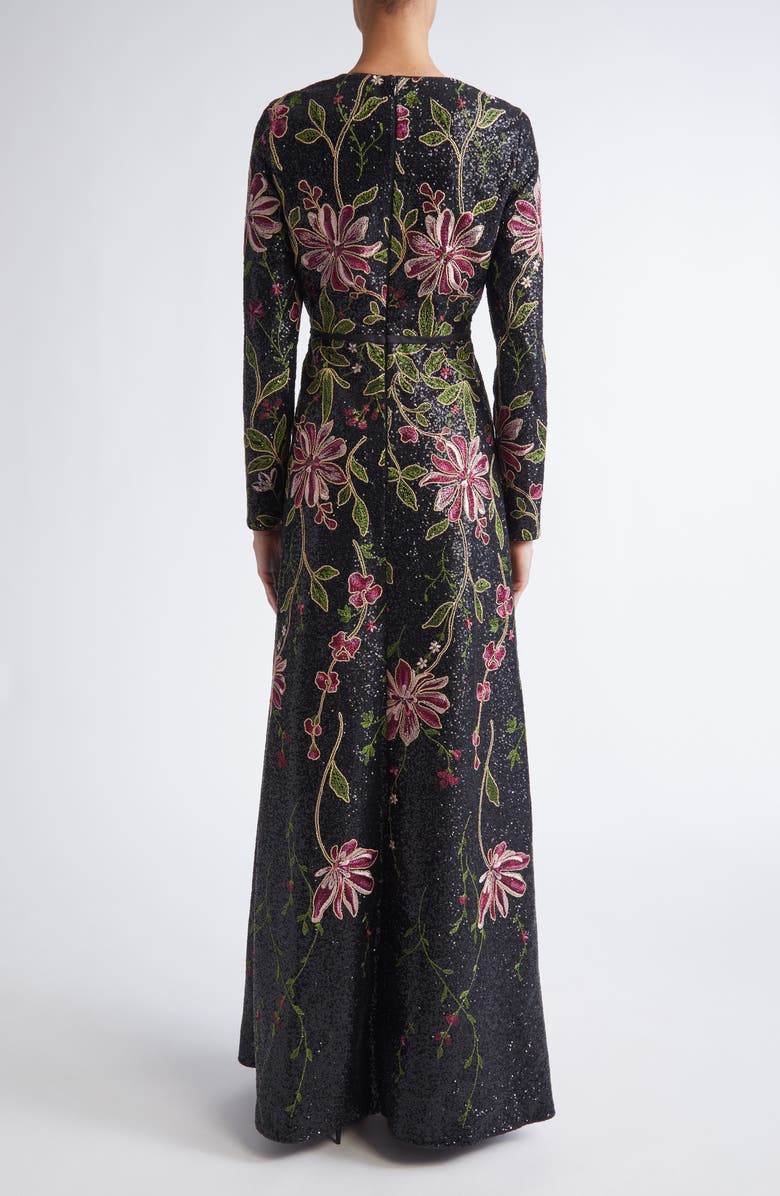 Giambattista Valli Black Flower Screen Long Sleeve Sequin Dress, Alternate, color, 