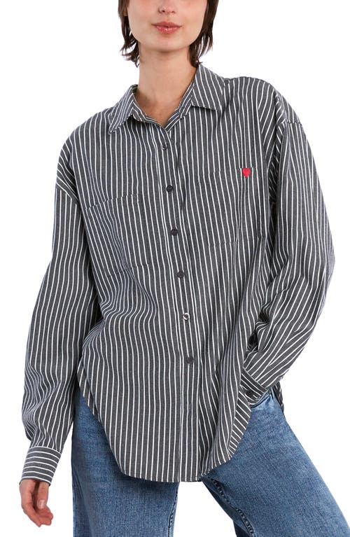 BILLY T BILLY T WHAT? STRIPE EMBROIDERED GRAPHIC BUTTON-UP SHIRT 
