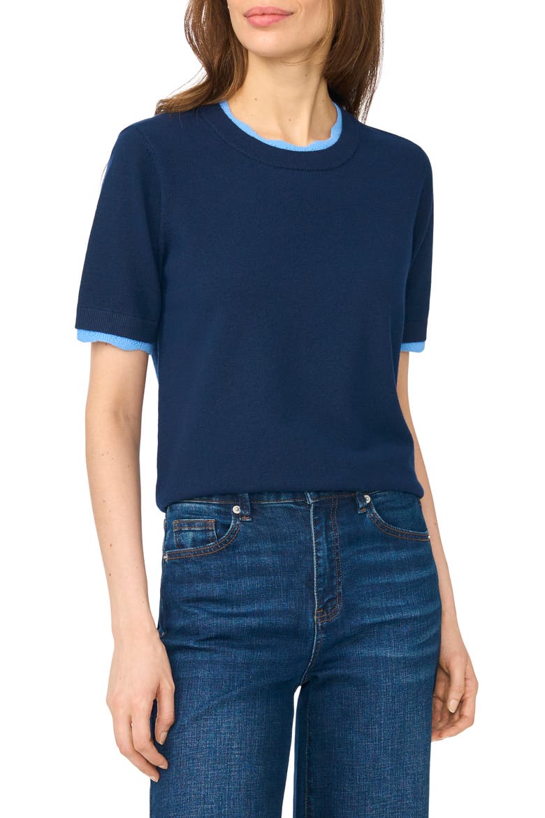 Lace Trim Short Sleeve Crewneck Sweater, Main, color, BLUE MIDNIGHT