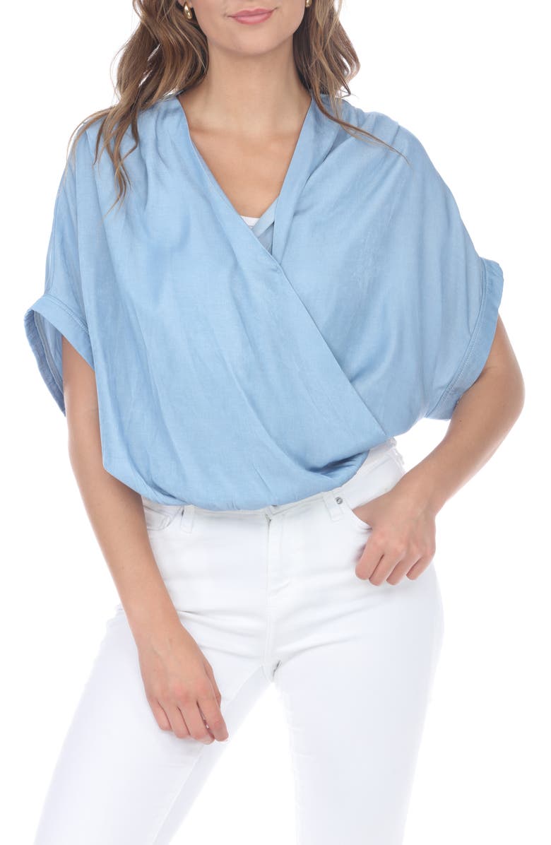 RAIN AND ROSE Draped Faux Wrap Top, Main, color, Denim