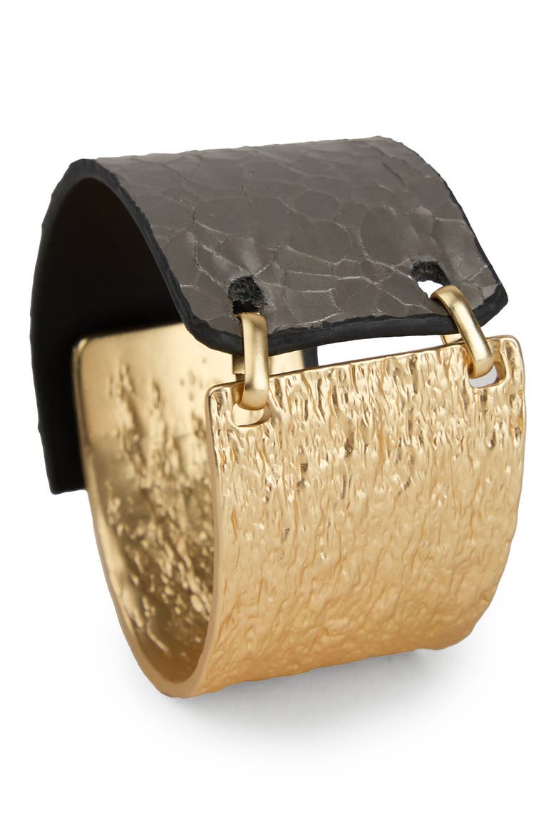 Textured Link Faux Leather Cuff Bracelet, Main, color, GOLD/GREY