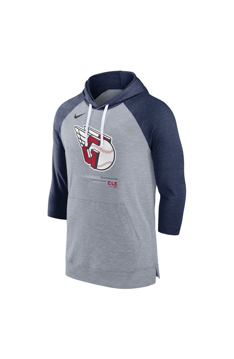 Nike Men's Nike Heather Gray/Heather Navy Cleveland Guardians Baseball Raglan 3/4-Sleeve Pullover Hoodie, Alternate, color,