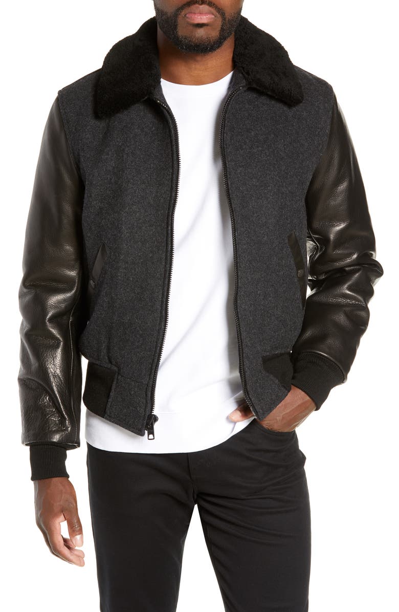 Schott NYC Mixed Media B-15 Flight Jacket with Genuine Shearling Collar, Main, color, 