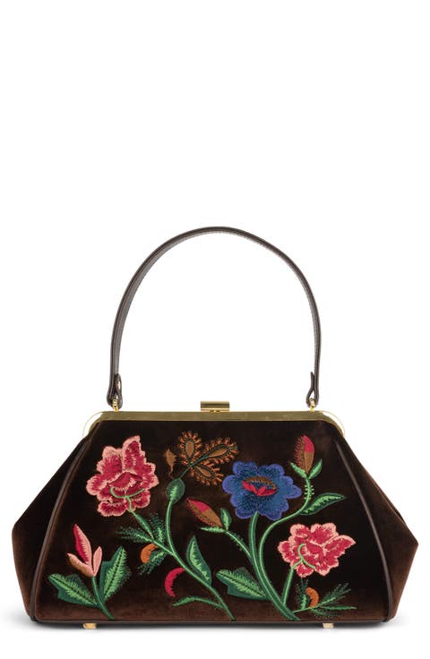 Frame Floral Embroidered Velvet Shoulder Bag