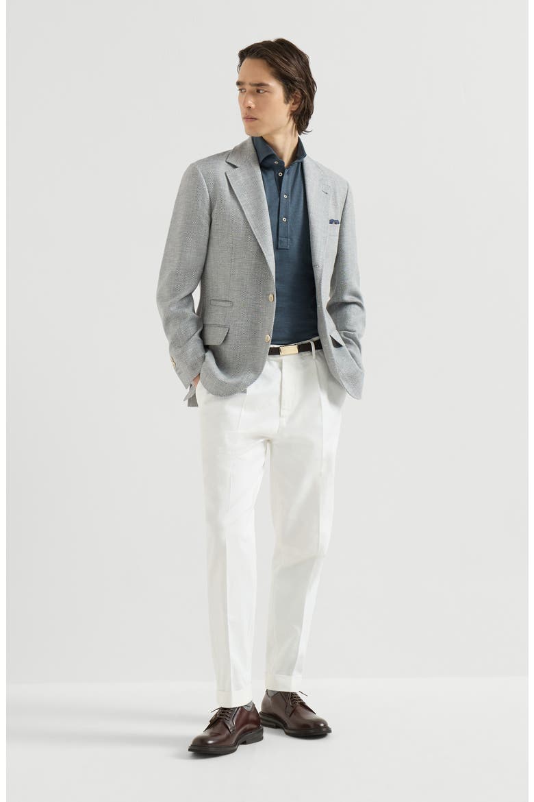 Virgin wool, silk and cotton piqué polo shirt with spread collar, Alternate, color, Cerulean