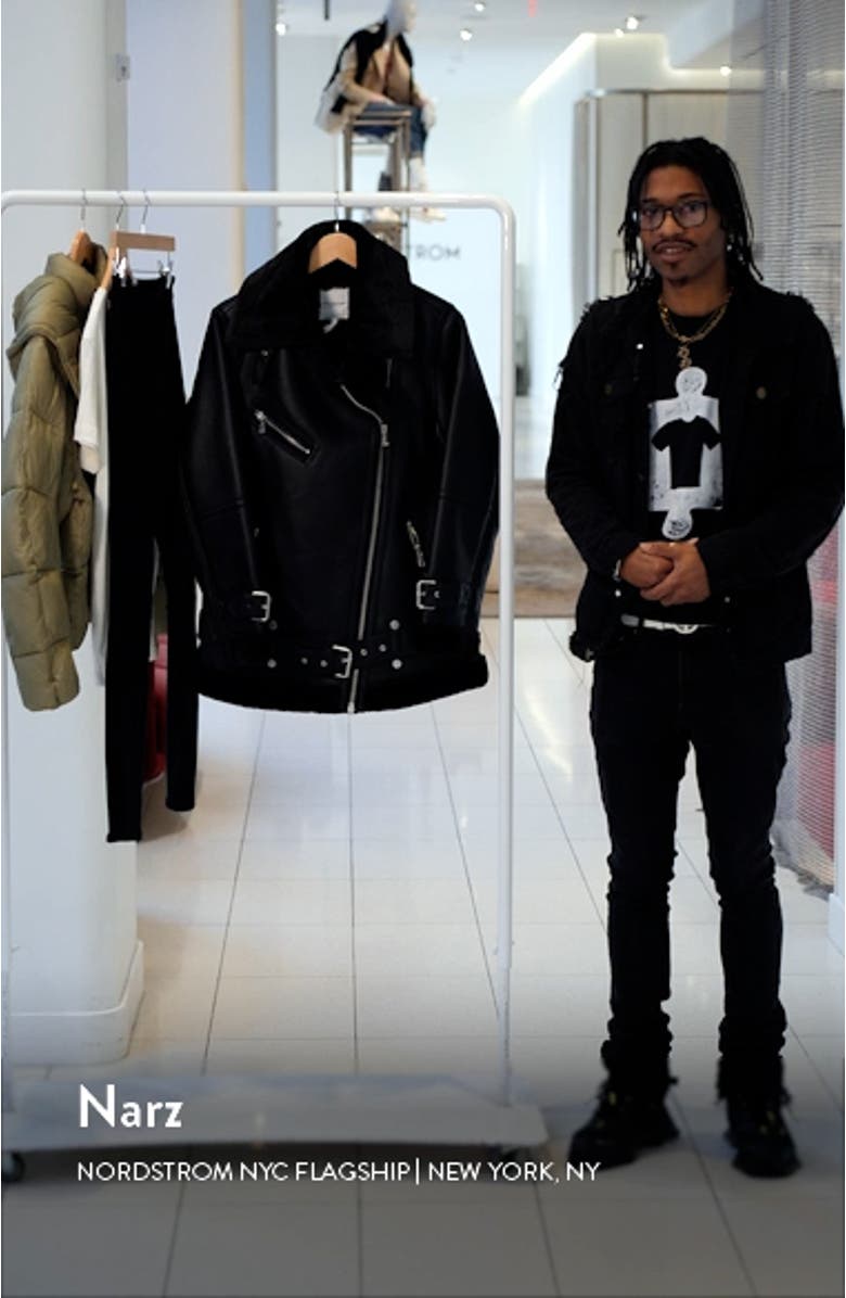 Faux Shearling Trim Faux Leather Biker Jacket, sales video thumbnail
