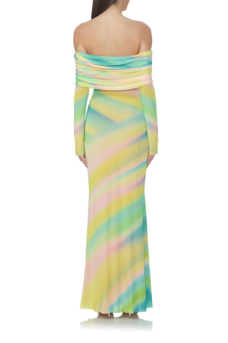 Thelma Print Off the Shoulder Long Sleeve Mesh Maxi Dress, Alternate, color, RAINBOW STRIPE