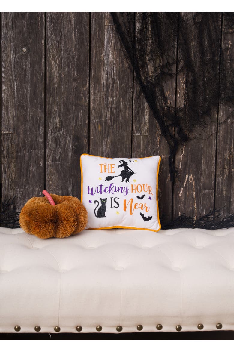 "The Witching Hour is Near" 100% Cotton Mini Halloween Accent Pillow 10" x 10", Alternate, color, White