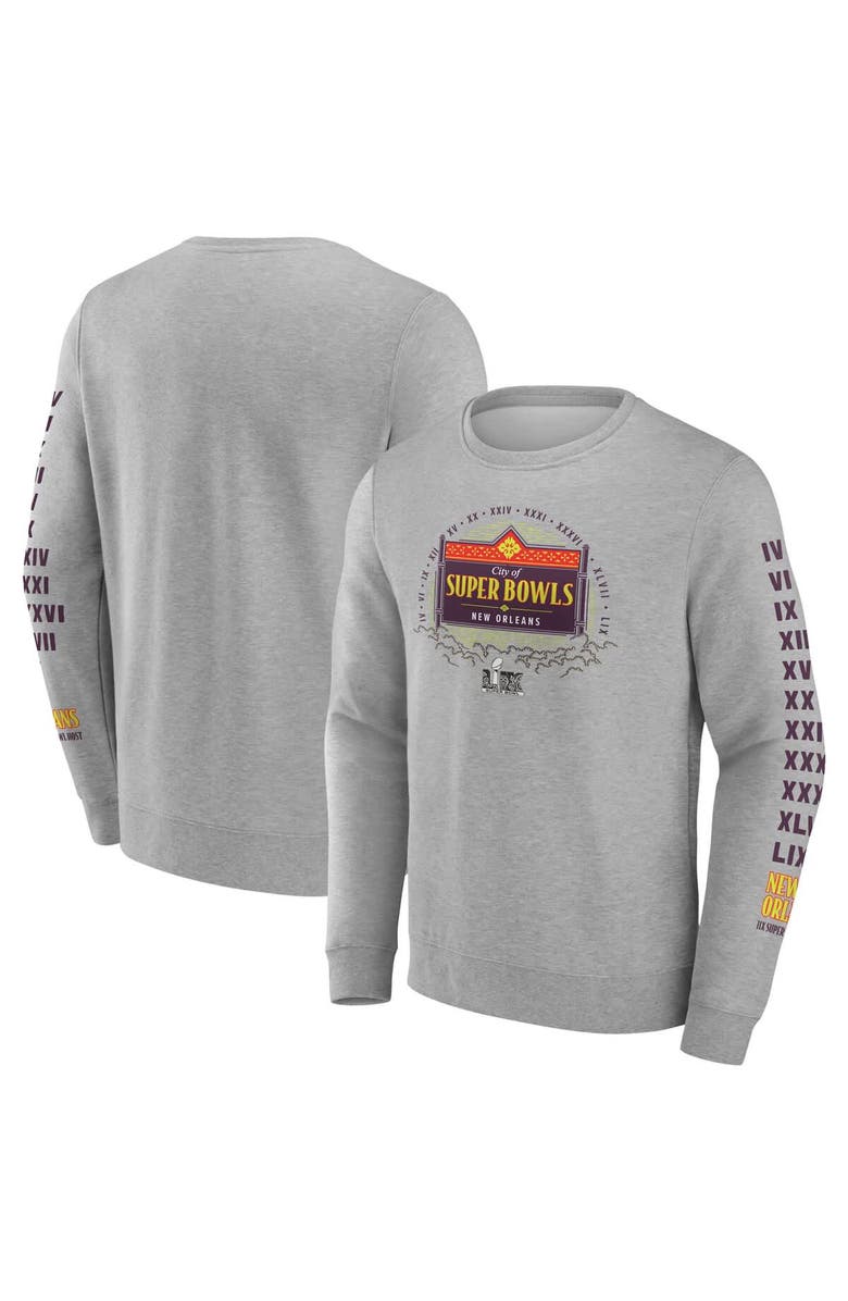 FANATICS Men's Fanatics Heather Gray Super Bowl LIX Marble Wordmark Fleece Crew Sweatshirt, Main, color, 