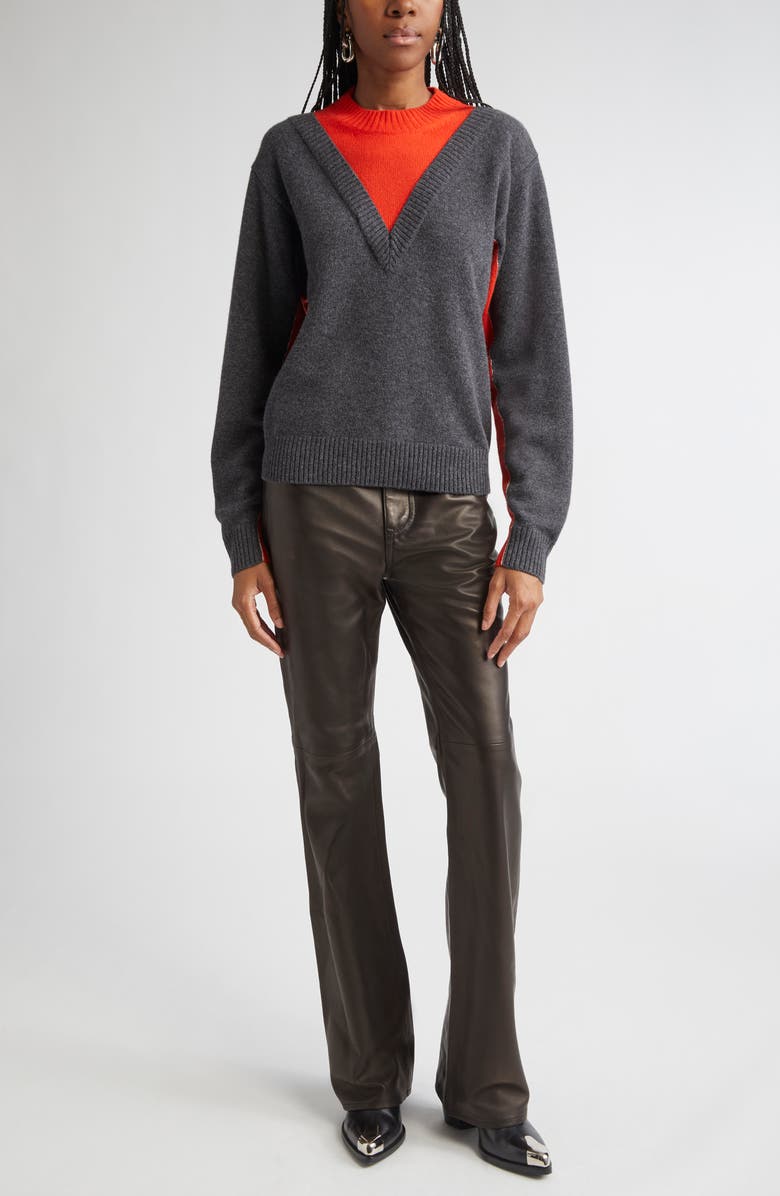 Rabanne Wool & Cashmere Layered Mock Neck Sweater, Alternate, color, Dark Grey / Red