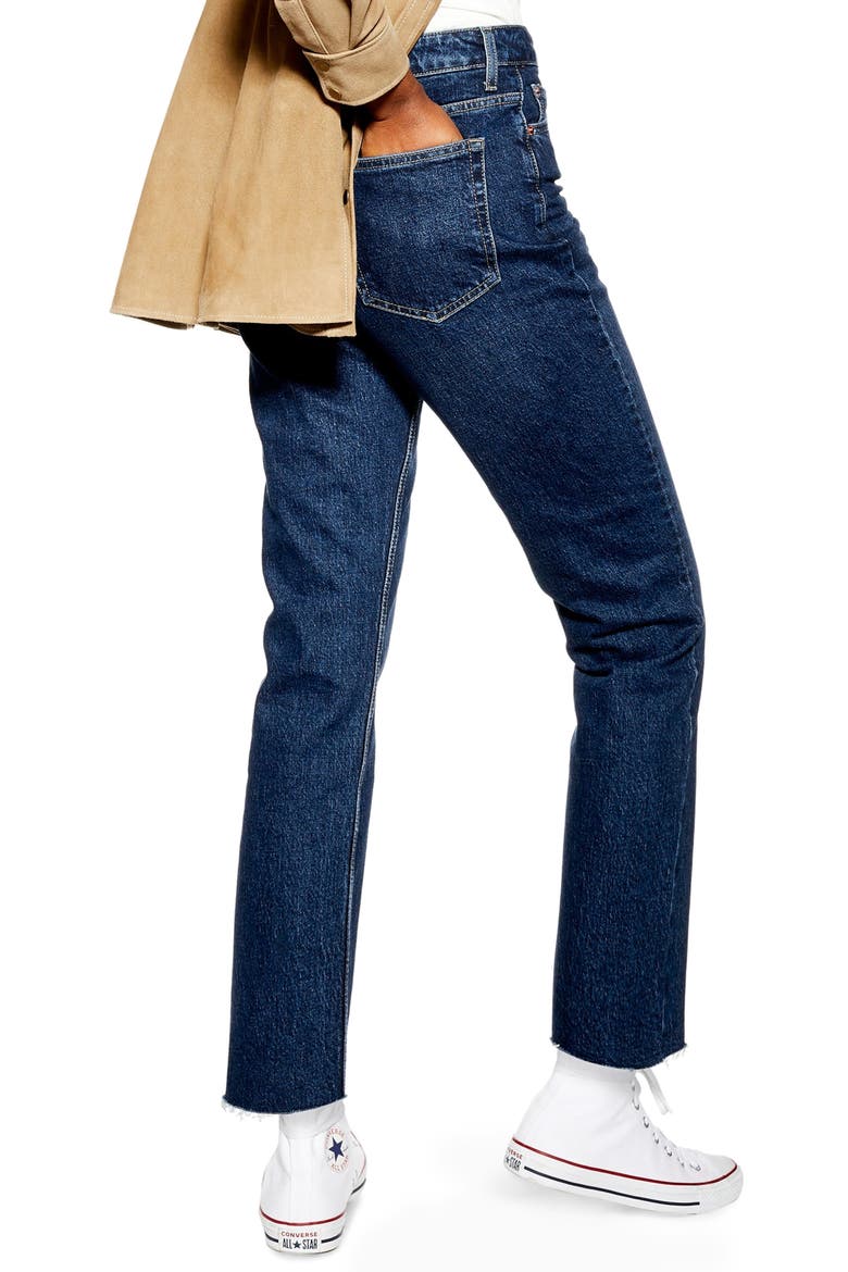 High Waist Raw Hem Straight Leg Jeans, Alternate, color, INDIGO