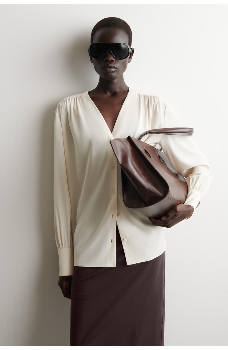 COS Gathered V-neck Blouse, Main, color, Light Beige