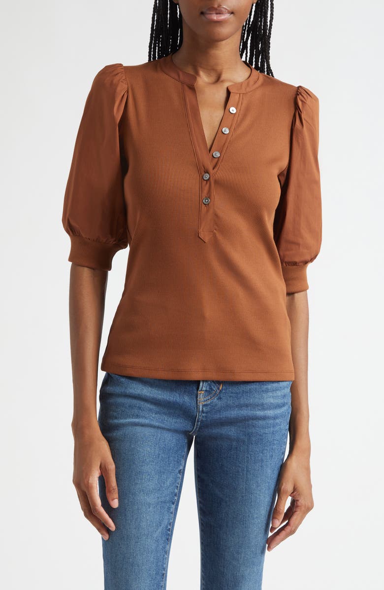 Veronica Beard Coralee Puff Sleeve Mixed Media Henley Top, Main, color, Mahogany