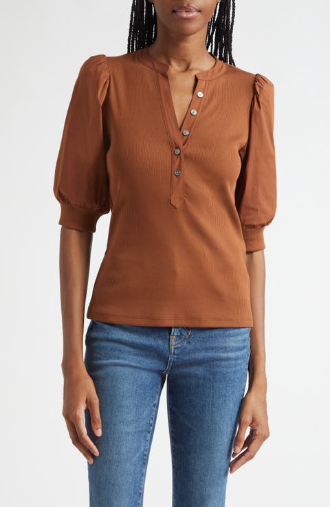 Coralee Puff Sleeve Mixed Media Henley Top