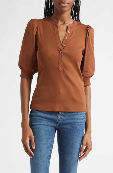 Veronica Beard Coralee Puff Sleeve Mixed Media Henley Top