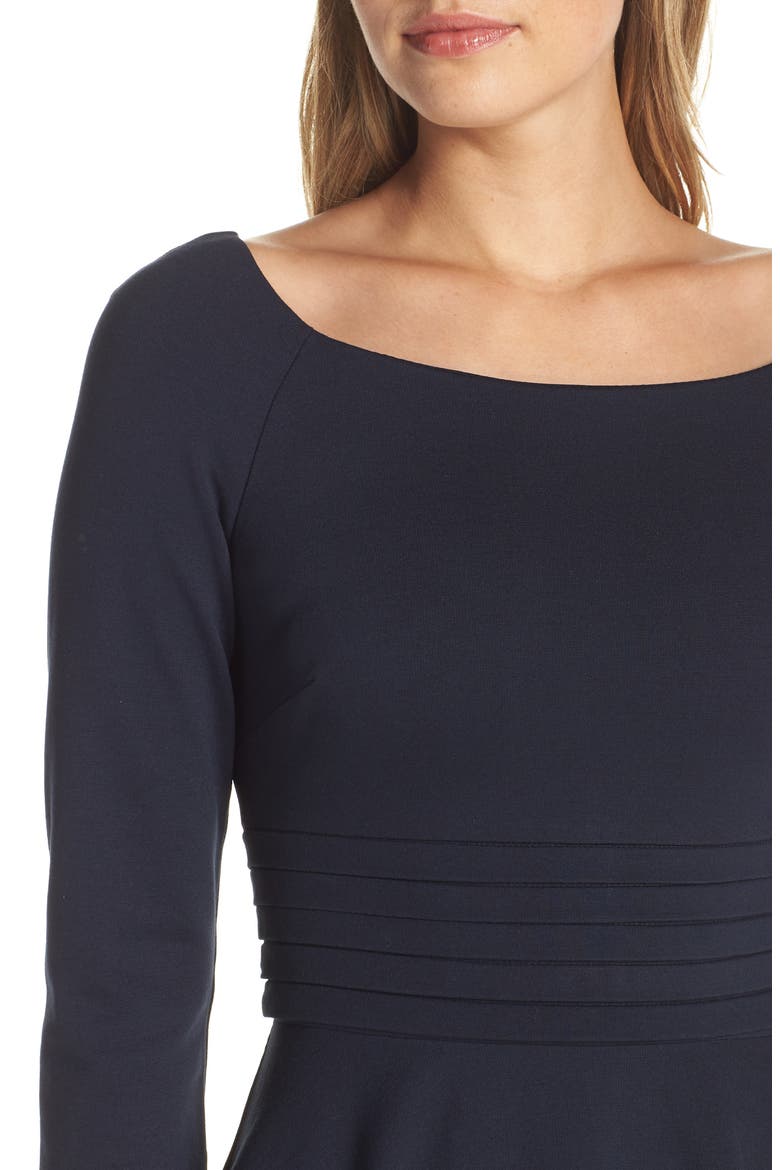 Pleated Waist Fit & Flare Dress, Alternate, color, NAVY