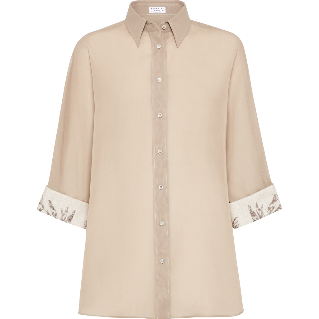 Brunello Cucinelli Women Cotton Organza Shirt With Glistening Flora Embroidery In Beige