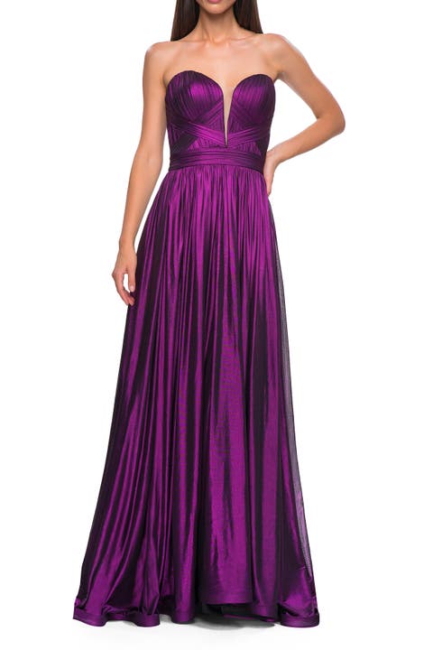 Flowy Metallic Net Jersey Prom Dress with Intricate Ruched Bodice