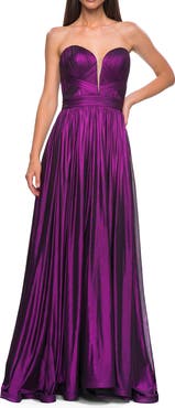La Femme Flowy Metallic Net Jersey Prom Dress with Intricate Ruched Bodice