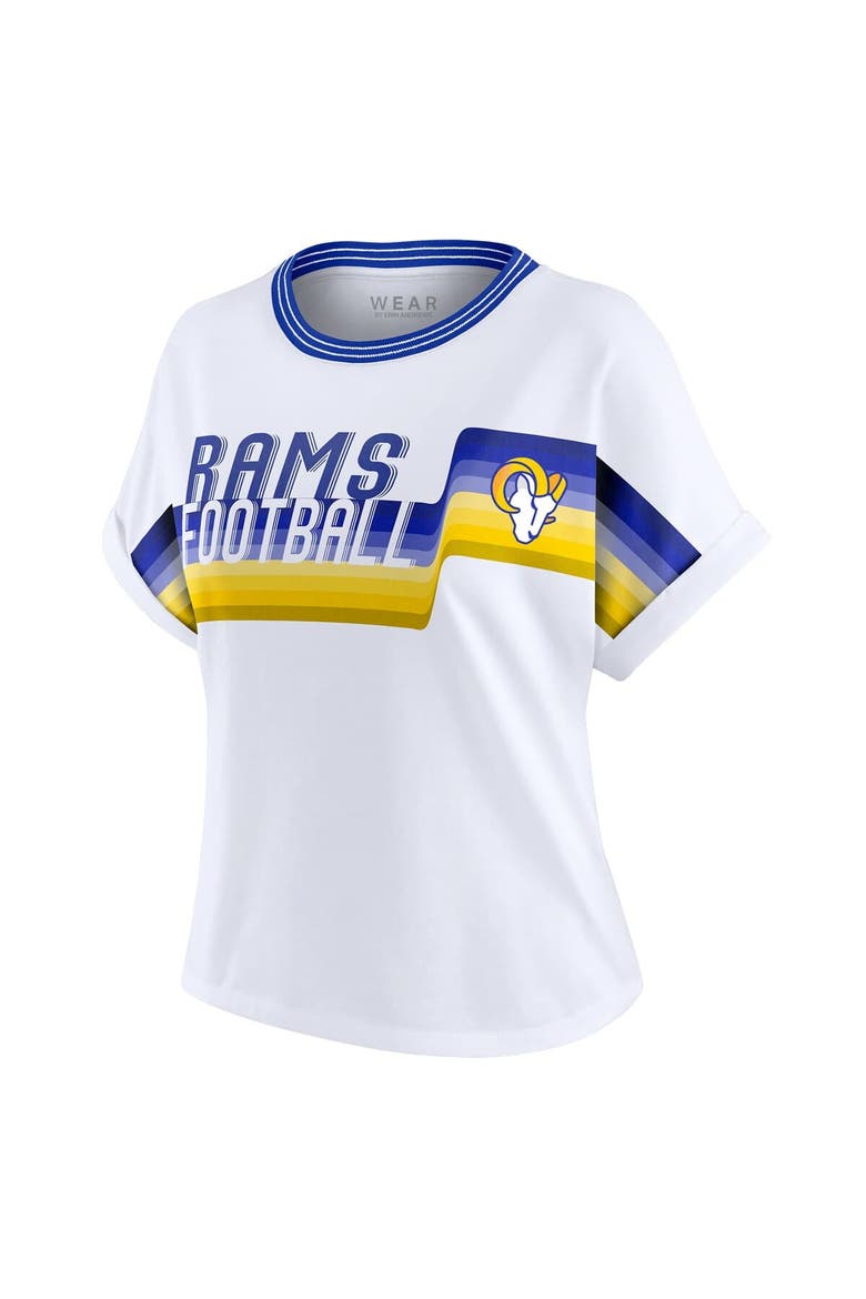 Women's WEAR by Erin Andrews White Los Angeles Rams Cropped Center Stripe Dolman T-Shirt, Alternate, color, White