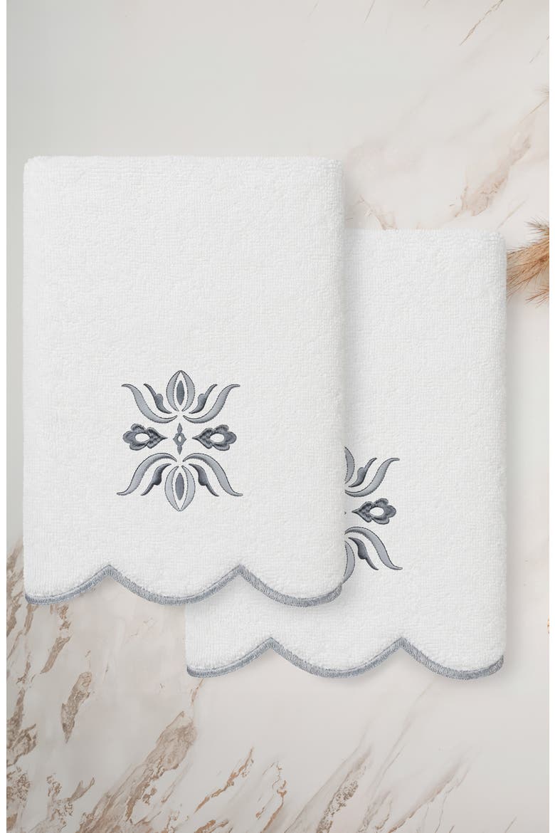 2-Piece Flower Crest Embroidered Turkish Cotton Hand Towel Set, Alternate, color, WHITE/ GRAY