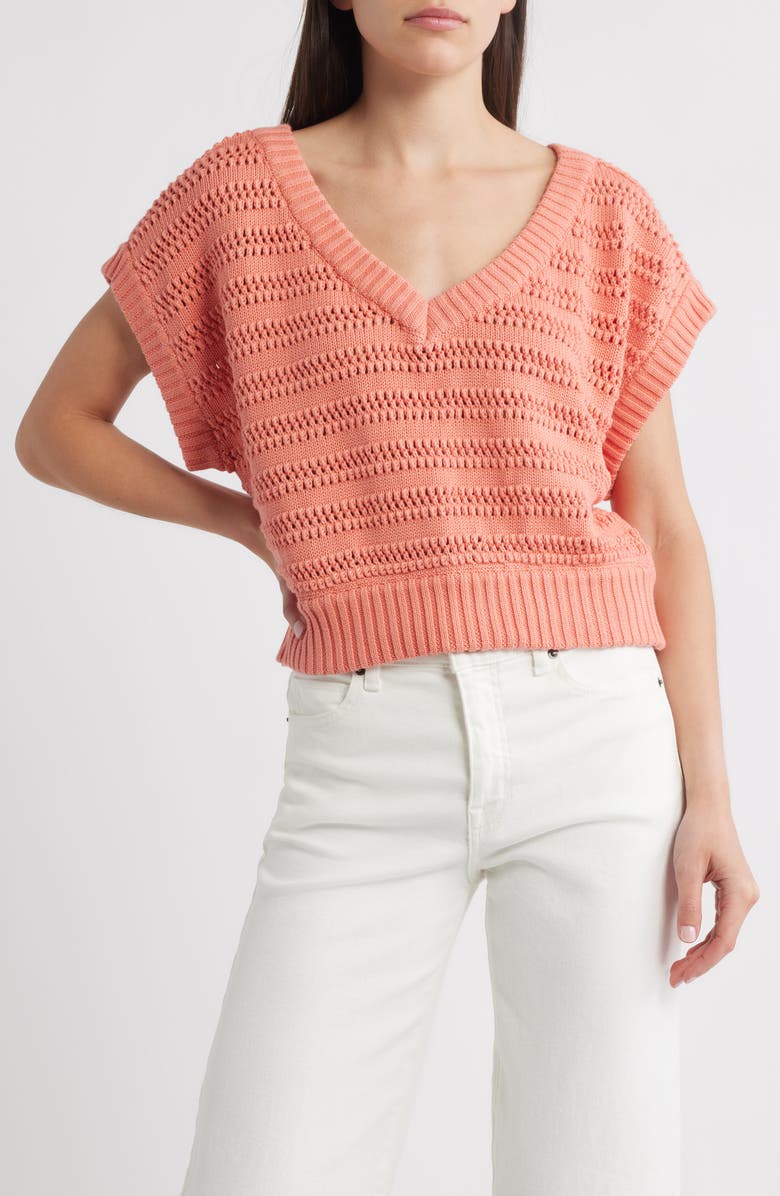 Cleobella Cece Short Sleeve Open Knit Organic Cotton Sweater, Main, color, Coral Peach