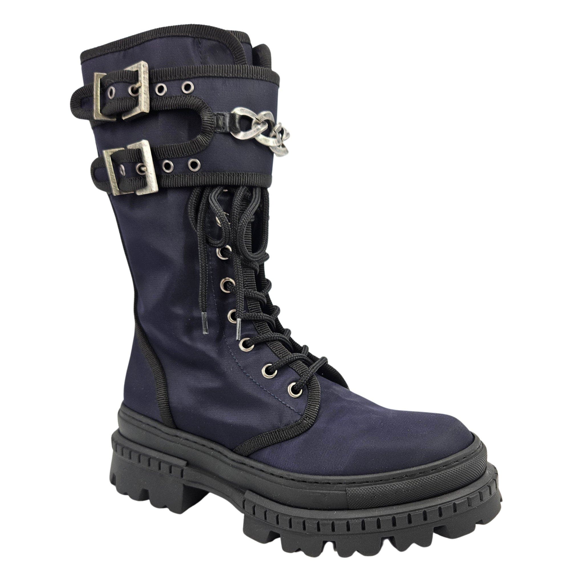 Chain Detail Buckled Combat Boot, Alternate, color, navy