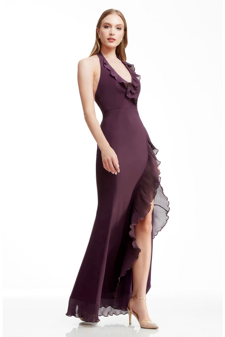 Kathleen Ruffle Halter Gown with Train, Alternate, color, MIDNIGHT PLUM
