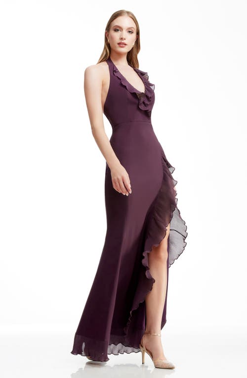 Dress The Population Kathleen Ruffle Halter Gown With Train In Purple