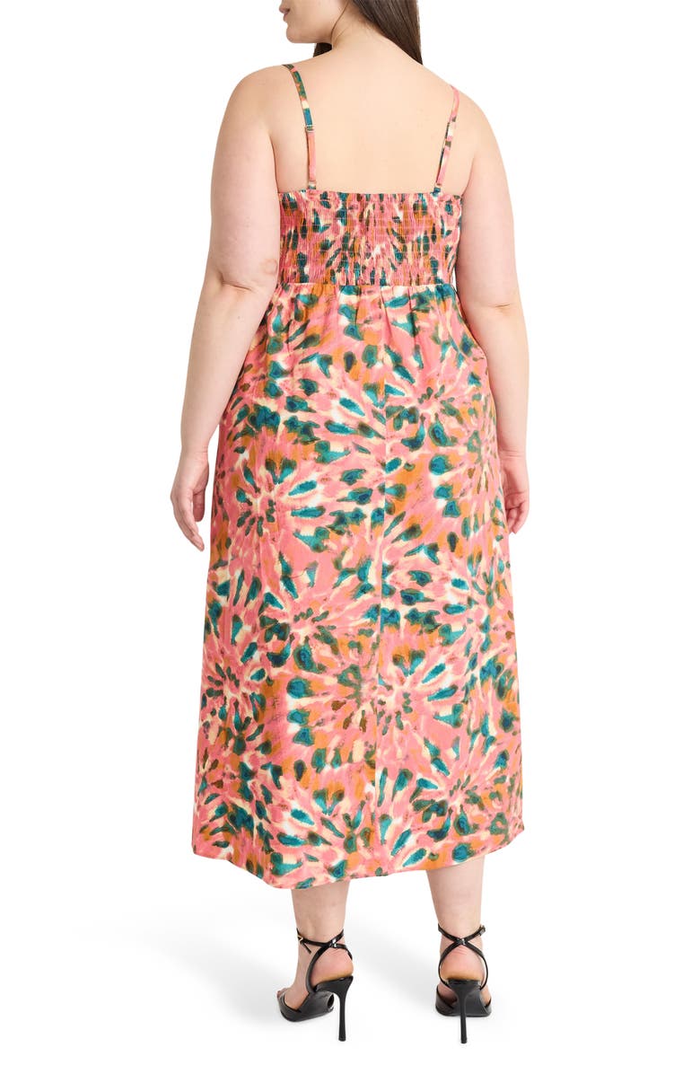 The Good Journey Floral Sleeveless Cotton Smocked Back Midi Dress, Alternate, color, Pink/ Green